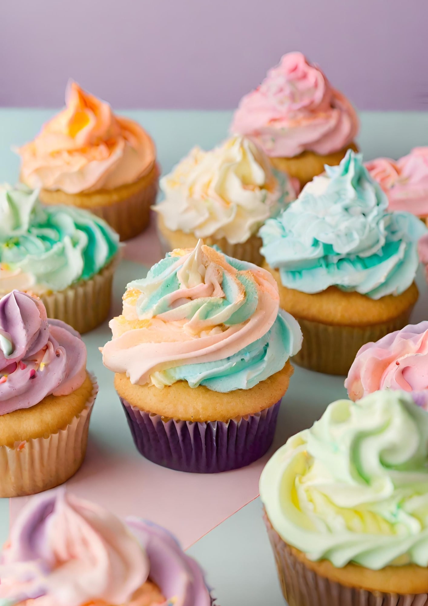 Cupcakes décorés avec des chantilly multicolores dans les tons pastels